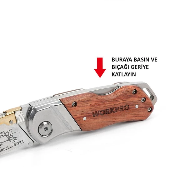 WORKPRO WP211014 Ağır Hizmet Paslanmaz Çelik/Ahşap Gövde Katlanır Rötuş Maket Bıçağı + 10 Adet Yedek Bıçak - 5