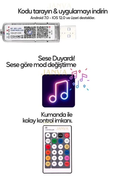 Janva Televizyon Arkası 10 Metre Bluetooth Telefon Kontrollü Smart Şerit Led Sese Duyarlı Kumandalı - 3