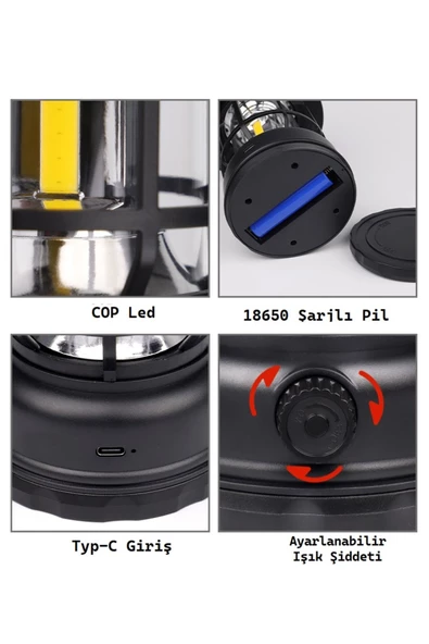 Dekoratif Nostaljik ışığı ayarlanabilir Şarjlı Ledli Kamp Lambası Işıldak Fener 18650 şarjlı pilli - 2