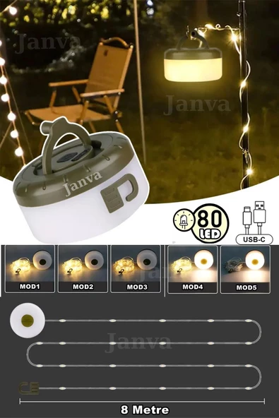 Şarjlı 8x80 Led Kamp Lambası Işıldak Fener Dekor Lambası Yıl Başı Süsü Perde Peri Şerit Led