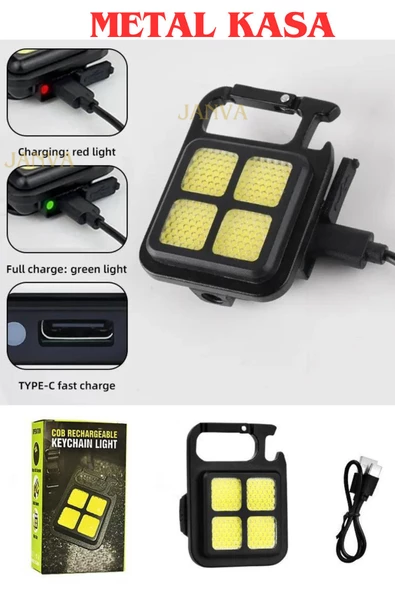 Metal Kasa Led El Feneri , Karabinalı, Mıknatıslı , Su Geçirmez , Şişe Açacaklı , Şarjlı 1200mah