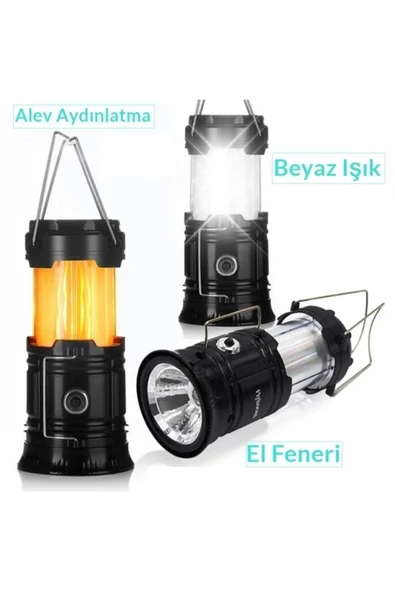 Şarj Edilebilir Güneş Enerjili Taşınabilir Fener Alev Ateş Modlu Kamp Feneri Led El Feneri - 5