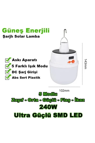 240w Güneş Enerjili Solar Aydınlatma Kamp Çadır Lambası Şarjlı Ampül Led Şarjlı El Feneri Işıldak - 2