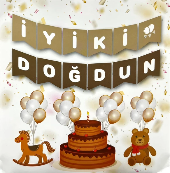 İyi Ki Doğdun Beyaz Yazılı Krem Kahverengi Banner