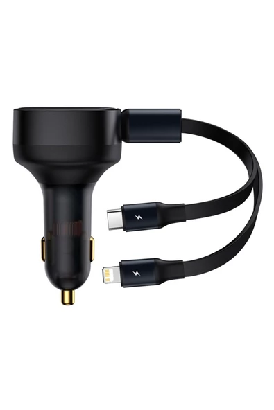 Baseus 2in1 Makaralı 30w Hızlı Şarj Type-c + Lightning Iphone Araç Şarj Cihazı Siyah