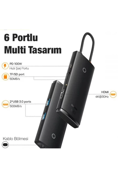 Memo   Baseus Lite Series 6 Portlu 100w Type-c + Pd Hub Adaptör Çoklayıcı Siyah - 4