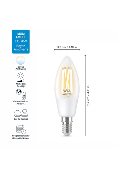 Wiz Wi-fi Beyaz Ambiyans Akıllı Filament Ampul 40w - C35 - E14 Ince Duy - Resim 3