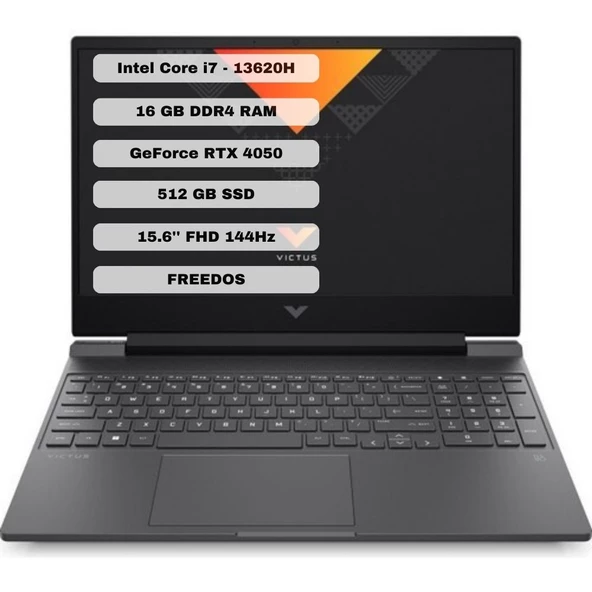 Hp Victus 15-FA1063NT A0BG8EA I7-13620H 16GB Ram 512GB SSD 6gb RTX4050 15.6'' Fhd 144Hz Freedos Siyah Taşınabilir Bilgisayar