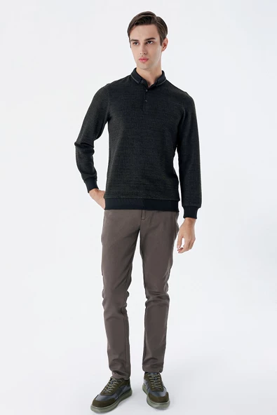 Koyu Haki Uzun Kollu Desenli Örme Polo Yaka   Likralı Casual Comfort Fit Sweatshirt 1013235106 - 2