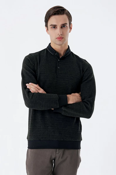 Koyu Haki Uzun Kollu Desenli Örme Polo Yaka   Likralı Casual Comfort Fit Sweatshirt 1013235106