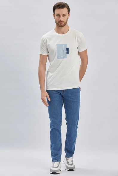 Açık Krem Baskılı Bez Ayağı Bisiklet Yaka %100 Pamuk Casual Slim Fit Dar Kesim Tişört 1011240167