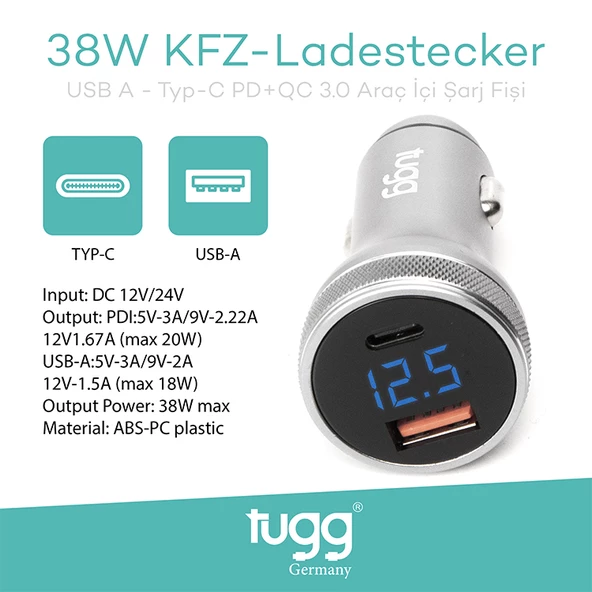 Tugg Germany Orjinal Hızlı Araç Şarj Başlık 38W USB-Type-C Girişli 104500 KFZ - 2