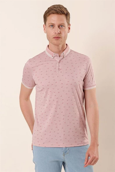 Pudra Kısa Kollu Baskılı MerserizePamuklu Casual Slim Fit Dar Kesim T-Shirt 1011230151