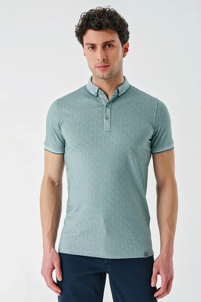 Koyu Vizon Baskılı Oxford Düğmeli Yaka Cepli Pamuklu Casual Slim Fit Dar Kesim Tişört 1011240177