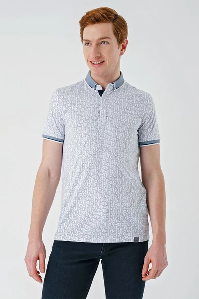 Beyaz Baskılı Oxford Düğmeli Yaka Cepli Pamuklu Casual Slim Fit Dar Kesim Tişört 1011240177