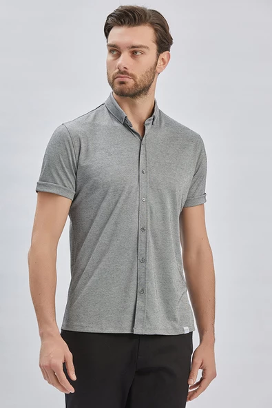 Koyu Antrasit Desenli Oxford Polo Yaka Cepli Pamuklu Casual Slim Fit Dar Kesim Tişört 1011240178