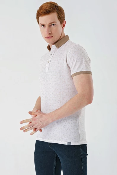 Taş Rengi Baskılı Jakarlı Düğmeli Yaka Cepli Casual Slim Fit Dar Kesim Tişört 1011240173 ürün görseli