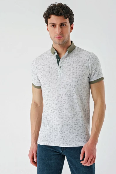 Koyu Haki Baskılı Jakarlı Düğmeli Yaka Cepli Casual Slim Fit Dar Kesim Tişört 1011240173