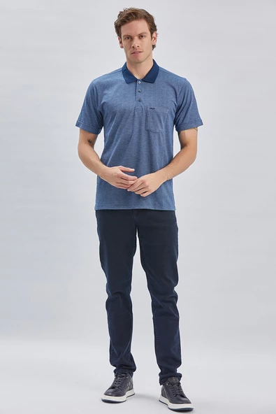 İndigo Mavi Desenli Jakarlı Polo Yaka Cepli Klasik Comfort Fit Rahat Kesim Tişört 1011240172