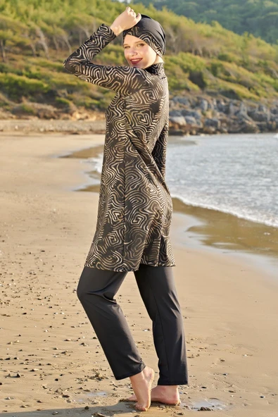 Ruko Maio 23130-1 Kadın Büyük Beden Çift Boneli Balıkçı Yaka Lycra Kumaş Tam Tesettür Mayo - Resim 3