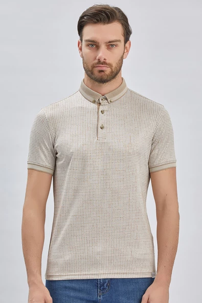 Bej Desenli Merserize Düğmeli Yaka Pamuklu Casual Slim Fit Dar Kesim Tişört 1011240161