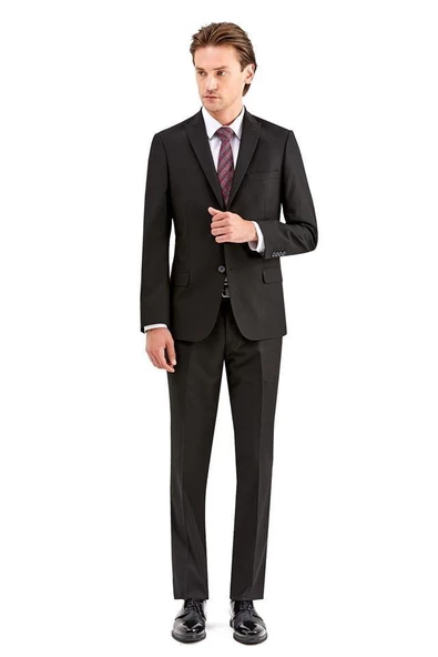 Siyah Gabardin Kırlangıç Yaka Astarlı 6 Drop Slim Fit Dar Kesim Basic Takım Elbise 1001230011 - Resim 2