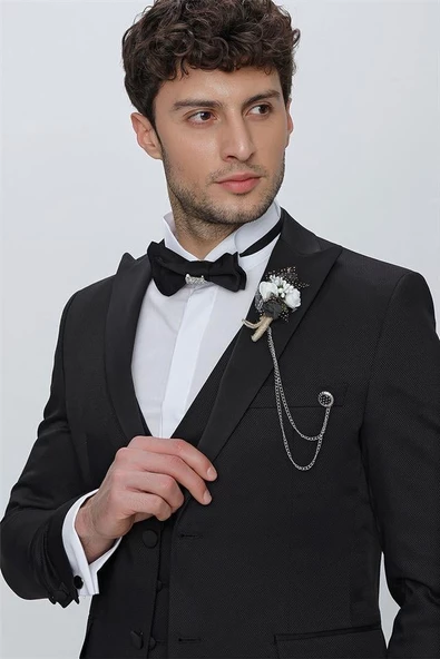 Siyah Armürlü Kırlangıç Yaka Tam Astar Yelekli 6 Drop Slim Fit Dar Kesim Smokin Damatlık 1001225178 - Resim 5