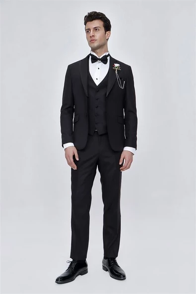 Siyah Armürlü Çıkarılabilir Mono Yaka Yelekli 6 Drop Slim Fit Smokin Damatlık 1001225202 - Resim 4