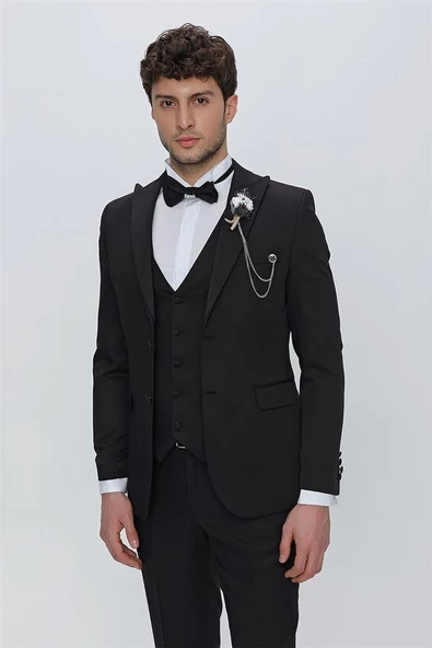Siyah Armürlü Kırlangıç Yaka Tam Astar Yelekli 6 Drop Slim Fit Dar Kesim Smokin Damatlık 1001225178 - Resim 3