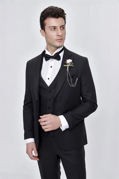 Siyah Armürlü Çıkarılabilir Mono Yaka Yelekli 6 Drop Slim Fit Smokin Damatlık 1001225202 - Resim 9