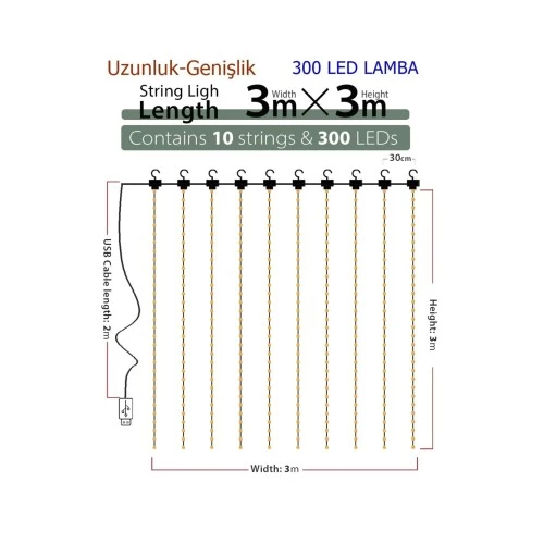 8 Fonksiyonlu Peri Perde Led Uzaktan Kumandalı Günışığı Perde Peri Led (3 mt x 3 mt) - 3