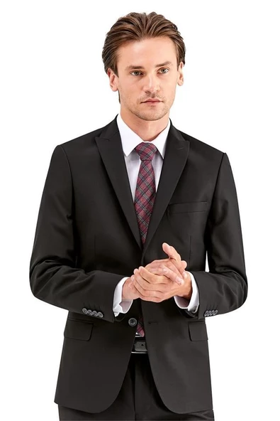 Siyah Gabardin Kırlangıç Yaka Astarlı 6 Drop Slim Fit Dar Kesim Takım Elbise 1001225011