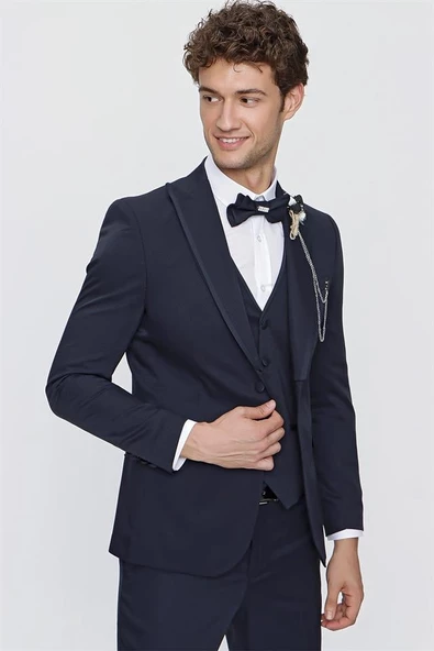 Koyu Lacivert Armürlü Kırlangıç Yaka Astarlı Yelekli 6 Drop Slim Fit Smokin Damatlık 1001220203