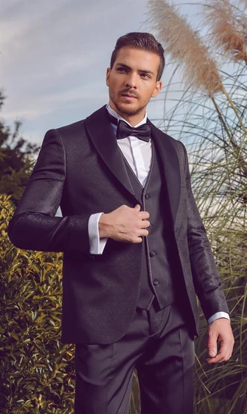 Koyu Lacivert Armürlü Mono Yaka Astarlı Yelekli 6 Drop Slim Fit Smokin Damatlık 1001220205 - 5