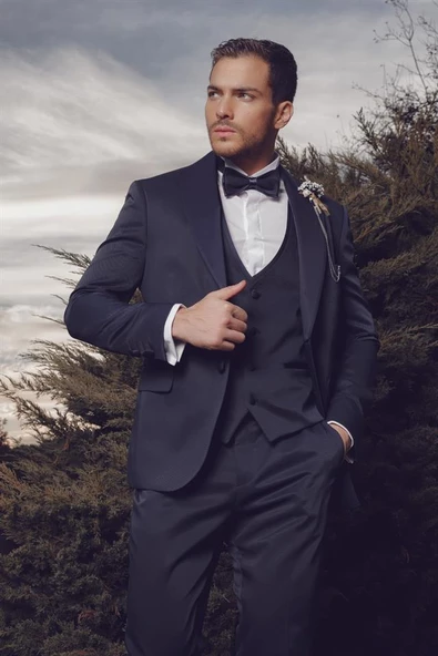Koyu Lacivert Armürlü Mono Yaka Astarlı Yelekli 6 Drop Slim Fit Smokin Damatlık 1001220205