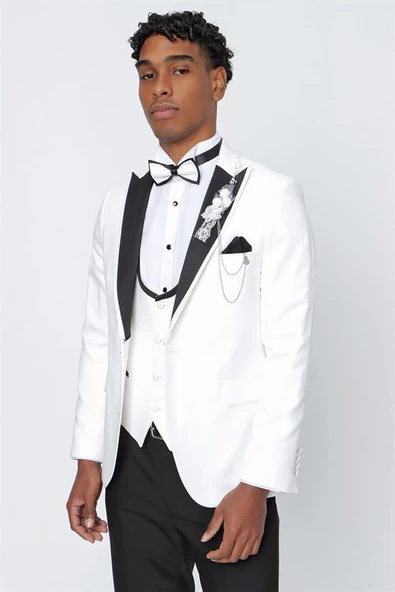 Açık Krem Armürlü Kırlangıç Yaka Astarlı Yelekli 6 Drop Slim Fit Smokin Damatlık 1001220206