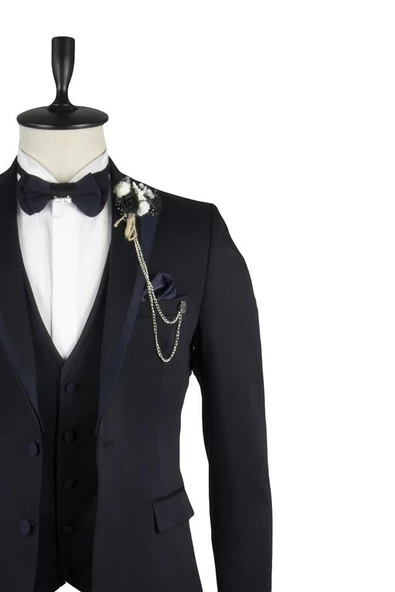 Koyu Lacivert Armürlü Mono Yaka Astarlı Yelekli 6 Drop Slim Fit Smokin Damatlık 1001220202 - Resim 3