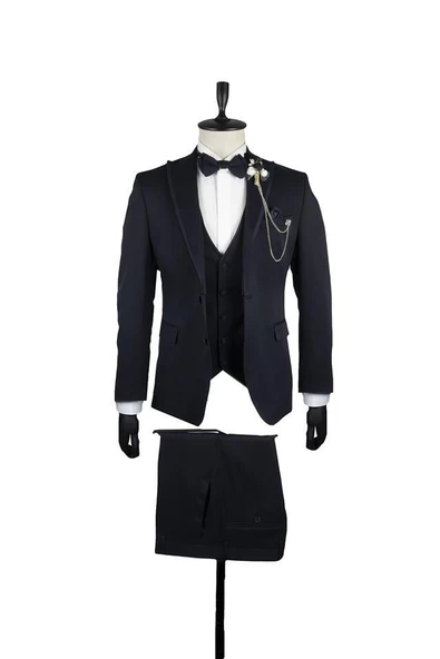 Koyu Lacivert Armürlü Mono Yaka Astarlı Yelekli 6 Drop Slim Fit Smokin Damatlık 1001220201