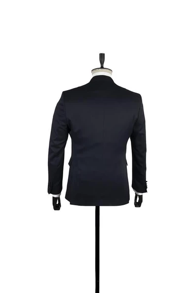 Koyu Lacivert Armürlü Mono Yaka Astarlı Yelekli 6 Drop Slim Fit Smokin Damatlık 1001220201 - Resim 2