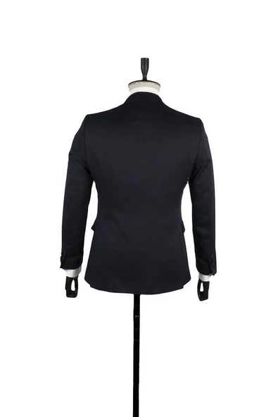 Koyu Lacivert Armürlü Mono Yaka Astarlı Yelekli 6 Drop Slim Fit Smokin Damatlık 1001220202 - Resim 2