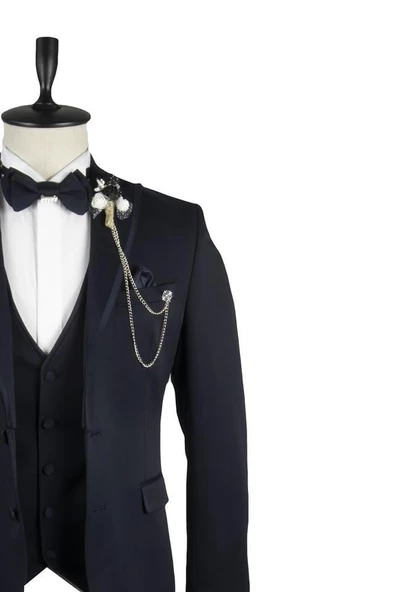 Koyu Lacivert Armürlü Mono Yaka Astarlı Yelekli 6 Drop Slim Fit Smokin Damatlık 1001220201 - Resim 3