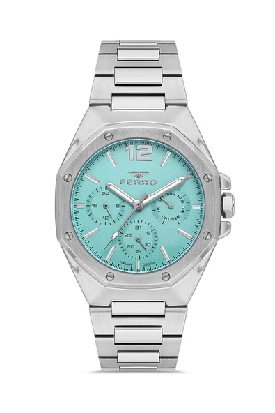 Ferro Quartz Çelik Gri Turkuaz Kadran 42 mm Fonksiyonları Aktif Erkek Kol Saati