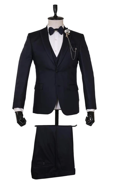 Koyu Lacivert Armürlü Mono Yaka Astarlı Yelekli 6 Drop Slim Fit Smokin Damatlık 1001215300