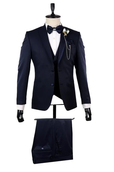 Koyu Lacivert Mono Yaka Astarlı Yelekli 6 Drop Slim Fit Smokin Damatlık 1001210100