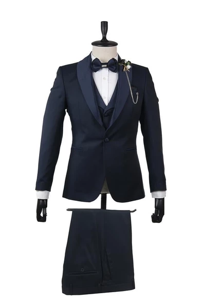 Lacivert Desenli Şal Yaka Astarlı Yelekli 6 Drop Slim Fit Dar Kesim Smokin Damatlık 1001210103 ürün görseli