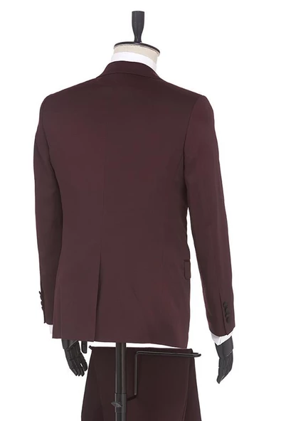 Bordo Armürlü Mono Yaka Astarlı Yelekli 6 Drop Slim Fit Smokin Damatlık 1001190164 - Resim 5