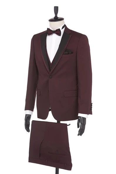 Bordo Armürlü Mono Yaka Astarlı Yelekli 6 Drop Slim Fit Smokin Damatlık 1001190164 - Resim 3