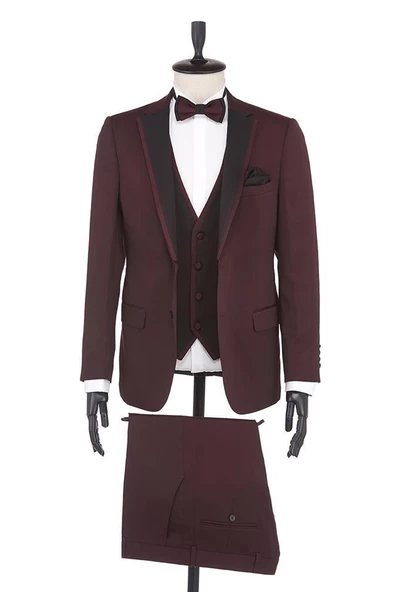 Bordo Armürlü Mono Yaka Astarlı Yelekli 6 Drop Slim Fit Smokin Damatlık 1001190164 - Resim 2
