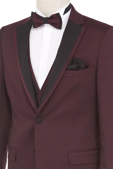 Bordo Armürlü Mono Yaka Astarlı Yelekli 6 Drop Slim Fit Smokin Damatlık 1001190164 - Resim 4