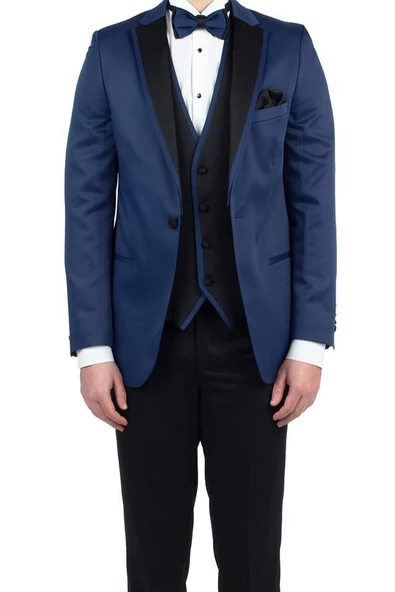Lacivert Saten Mono Yaka Astarlı Yelekli 6 Drop Slim Fit Dar Kesim Smokin Damatlık 1001190152 - Resim 2